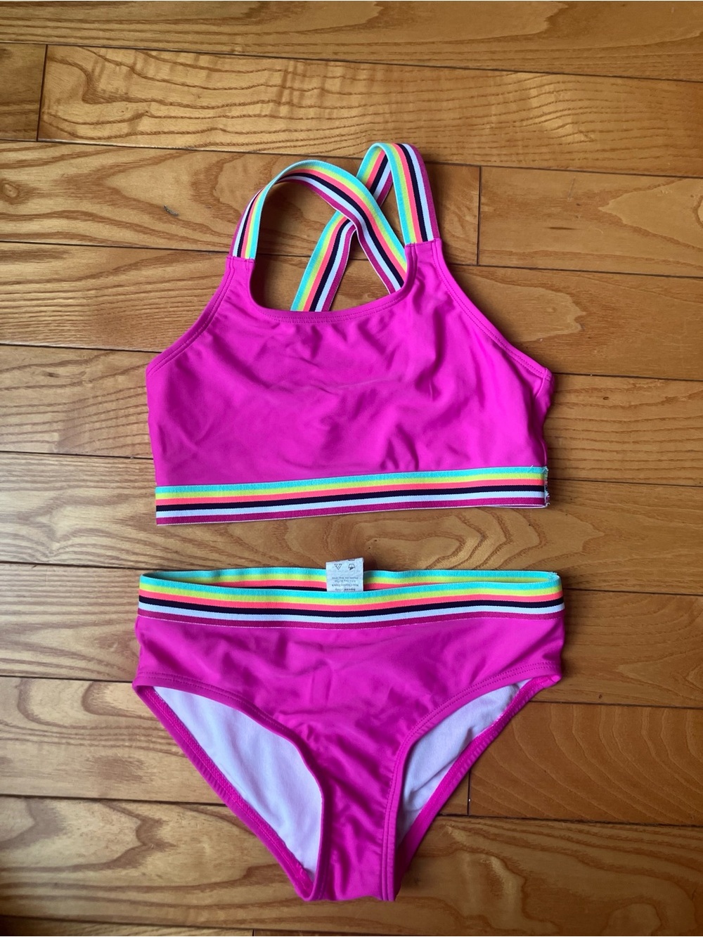 Girls' Bright Pink Bikini with Rainbow Straps